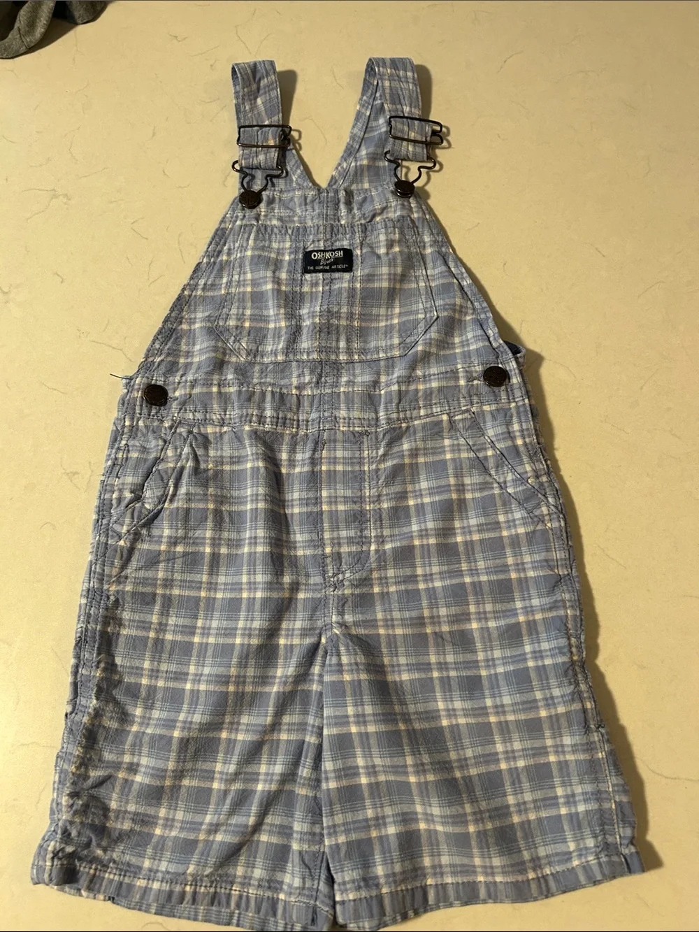 OshKosh B'gosh Gray Tee with Yellow Logo + Blue Plaid & Floral Overalls Set